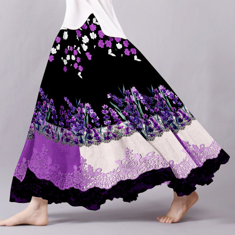 Vintage Lavender Gradient Lace Art Embroidered Pattern Flowy Wide Skirt artswardrobe