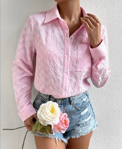 Early Autumn Wear Long Sleeve Collared Shirt Heart Shaped Jacquard Cardigan Top