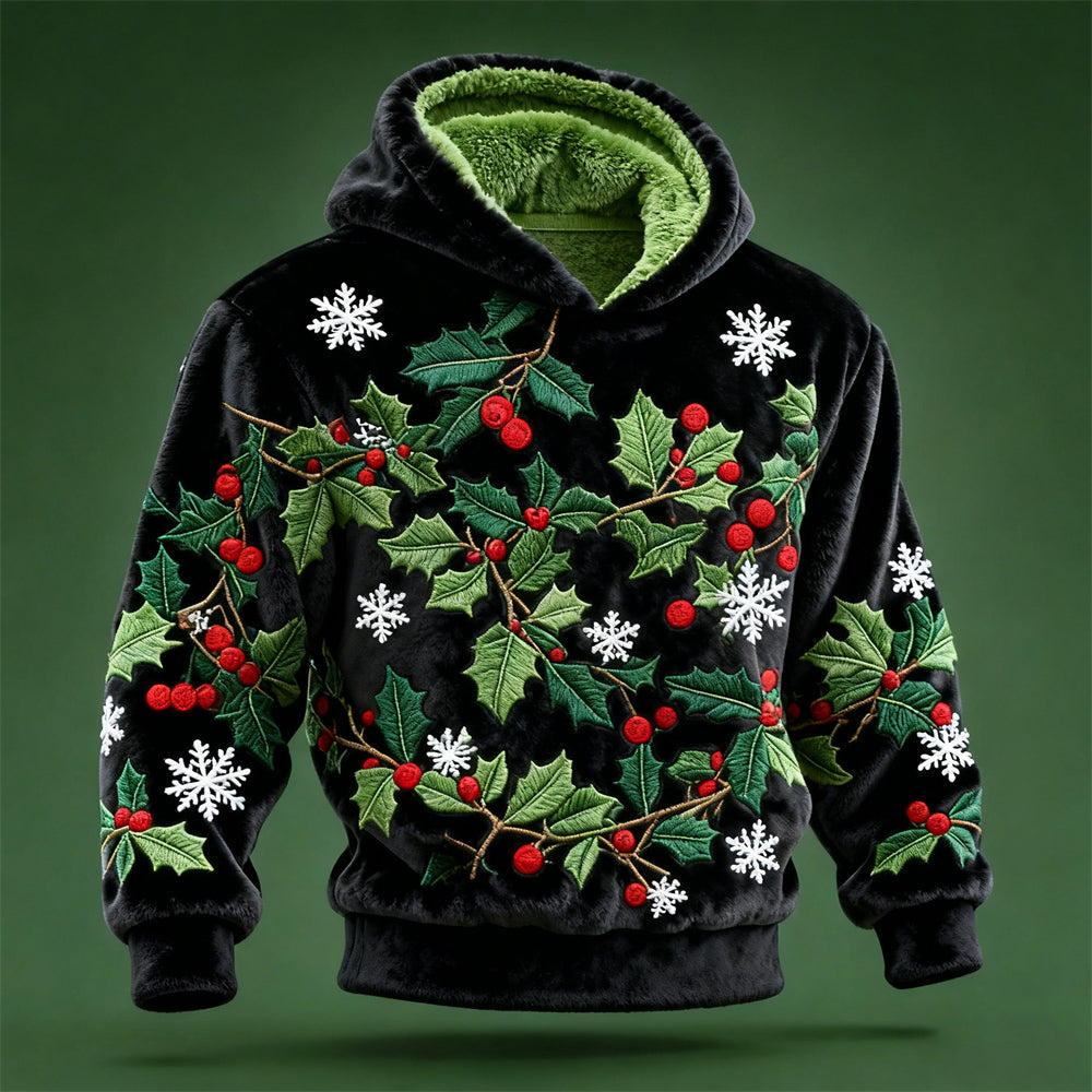 Comstylish Christmas Holly Embroidered Design Men's Hooded Flannel Sweatshirt