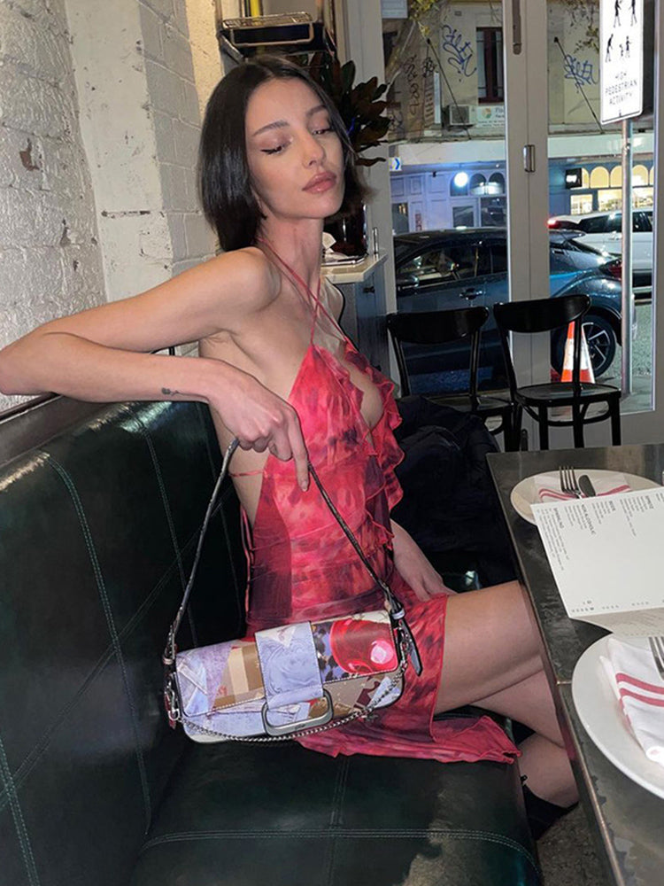 Tossy New Halter Neck Printed Dress for Hollow Backless Irregular Female Chiffon Folds Fungus Mini Dress