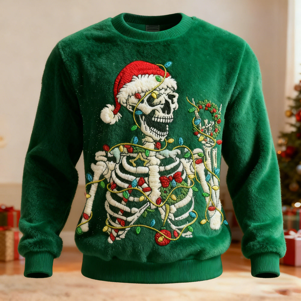 Comstylish Men's Christmas Skeleton Embroidered Cozy Plush Sweatshirt