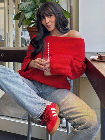 Tossy Off-shoulder Knit Sweater Pullover for Slim High Street Loose Patchwork Camisola Knitwear Top