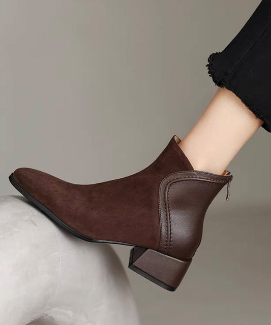 Brown Splicing Chunky Suede Boots