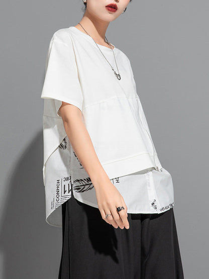 False Two Loose Printing Split-joint Round-neck T-shirts Tops