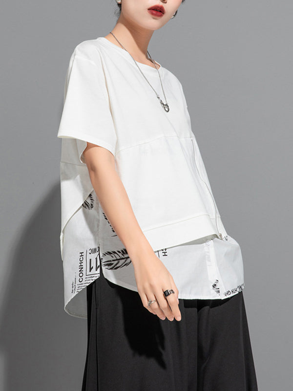 False Two Loose Printing Split-joint Round-neck T-shirts Tops