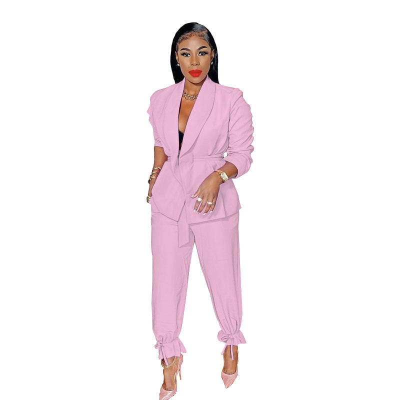 Spring Autumn Color Lace-up Long Sleeve Small Blazer Jogger Pants Suit