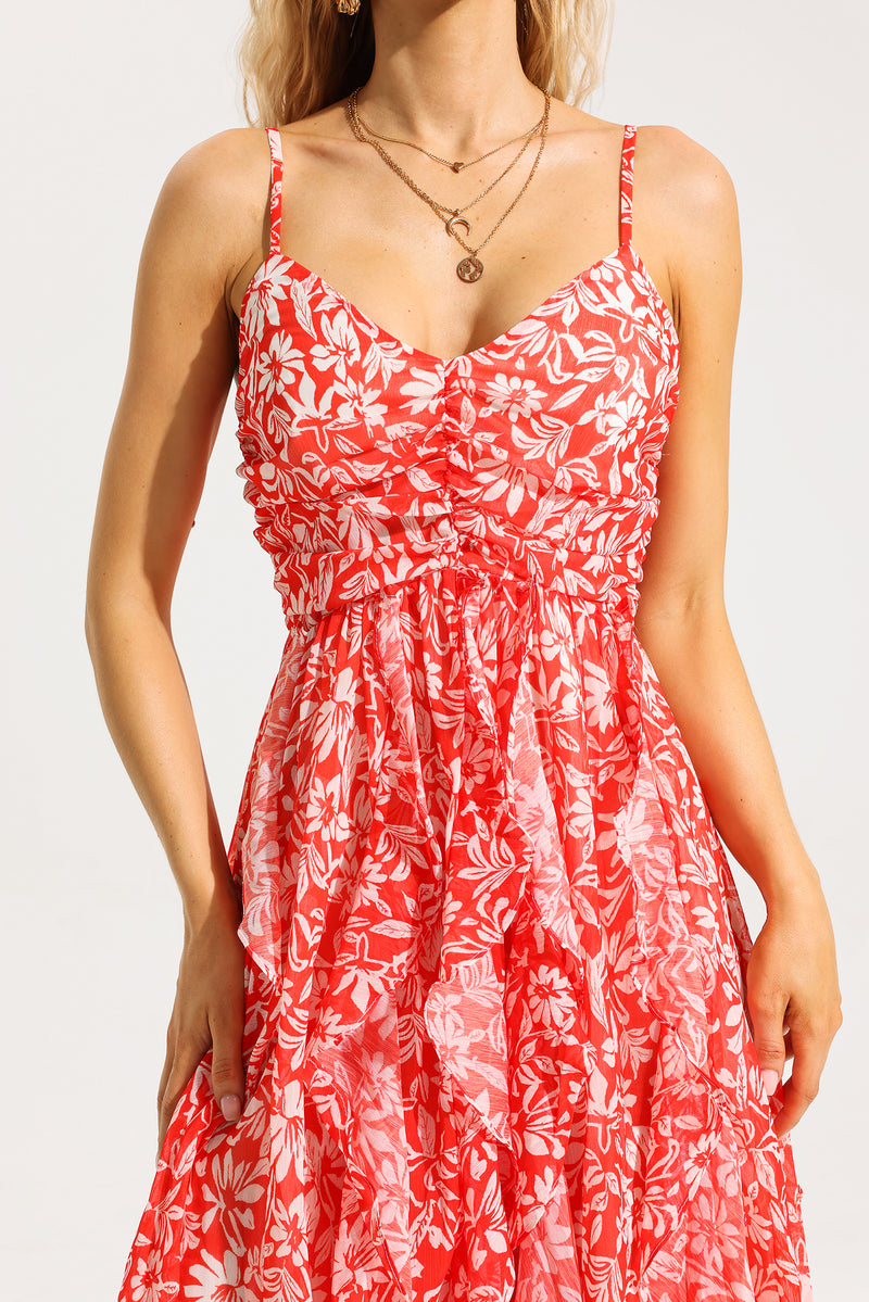 Ruched Ruffle Cami Maxi Dress