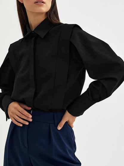 Long Sleeves Loose Buttoned Color Lapel Blouses&shirts Tops