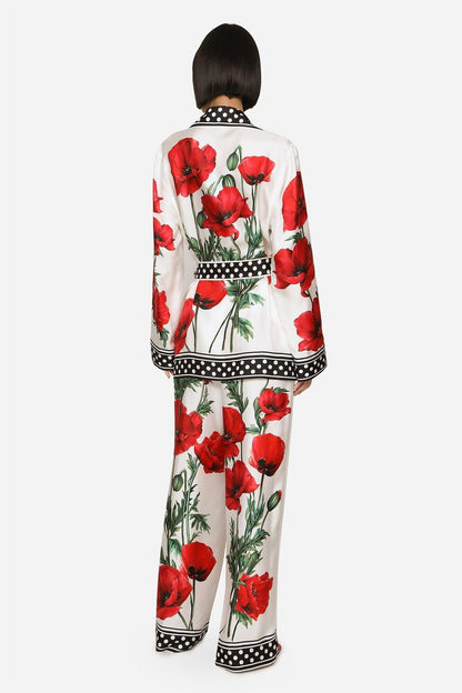 Polka Dot Peaked Collar Top With Belt & Mid Waist Pants Set