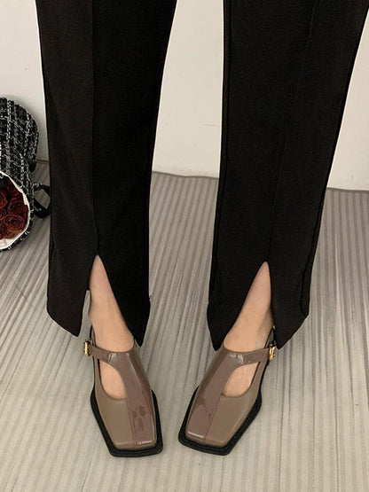 Buckle Hollow Split-joint Square-toe Flat Shoes Loafers