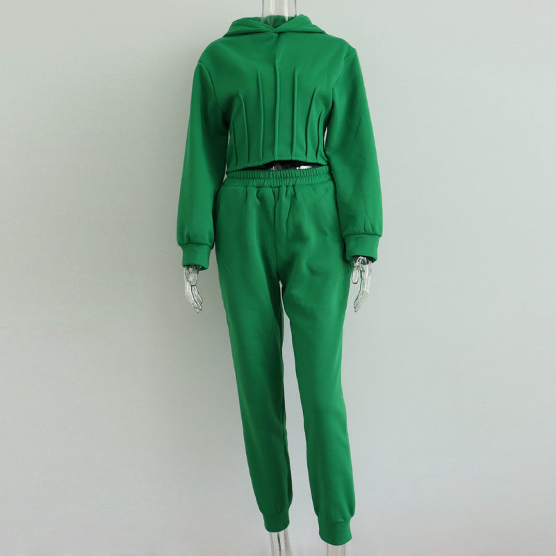 Hoodie Set Fall Winter Cinched Hoodie Sweater Jogger Pants Two Piece Set