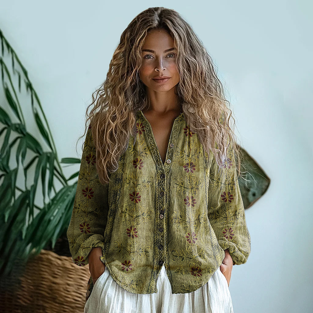 Vintage Tribal Floral Art Button Casual Shirt artswardrobe