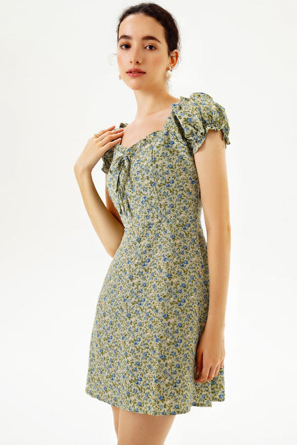 Short Sleeve U-neck Print Mini Dress Green