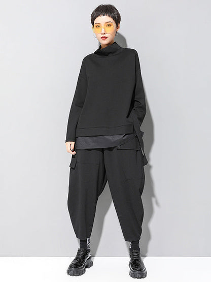 Black False-two Split-joint High-neck Sweatshirt T-shirt