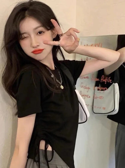 Round Collar Short Sleeve T-shirt Irregular Bandage Slim Crop Tops for Woman Summer All-match Basic