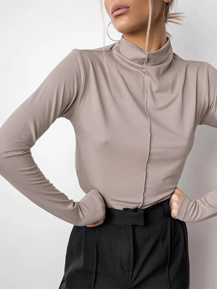 Khaki Basic Tees Elasticity Turtleneck Long Sleeve Pullover Tops Autumn Inner Brown Office
