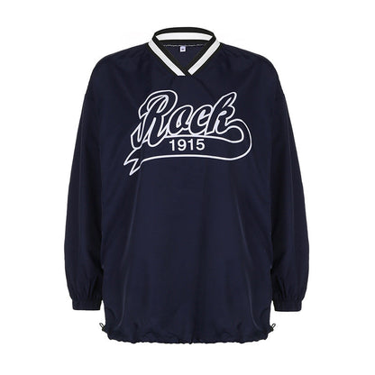 Street Letter Graphic Print Contrast Color Loose Large Hoody Mid Length Drawstring V Neck Top