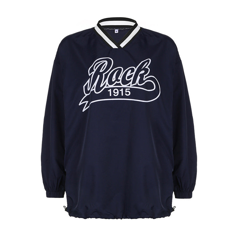 Street Letter Graphic Print Contrast Color Loose Large Hoody Mid Length Drawstring V Neck Top