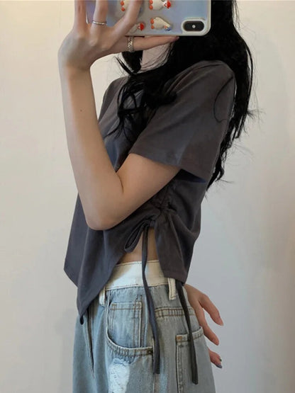Round Collar Short Sleeve T-shirt Irregular Bandage Slim Crop Tops for Woman Summer All-match Basic