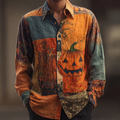 Halloween Pumpkin And Plant Flower Combination Design Men's Retro Cotton And Linen Shirt artswardrobe