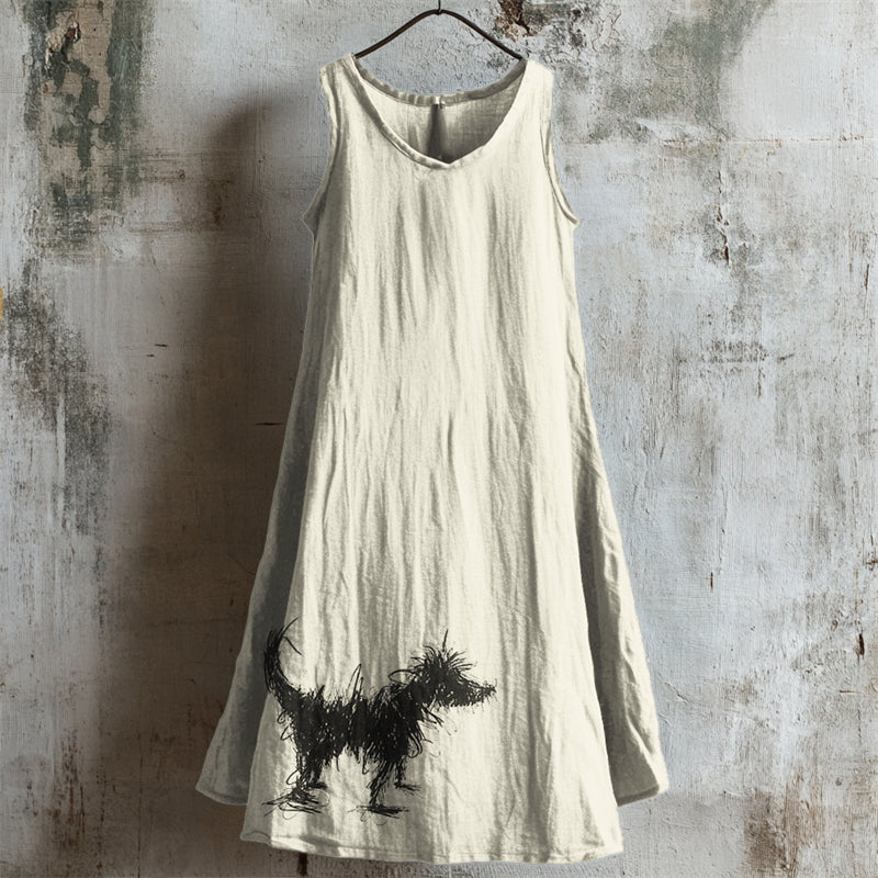 Comstylish Fuzzy Dog Line Painting Linen Tank Dress
