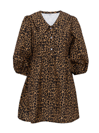 A-line Half Sleeves Buttoned Elasticity Leopard No Belt Zipper Lapel Mini Dresses