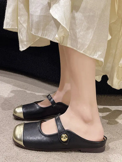 Contrast Color Shallow Cut Split-joint Square-toe Flats Mary Janes Slippers&mules