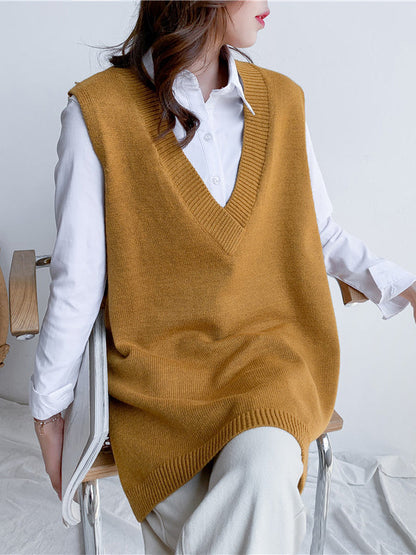 Sleeveless Split-side Color V-neck Knitted Vest