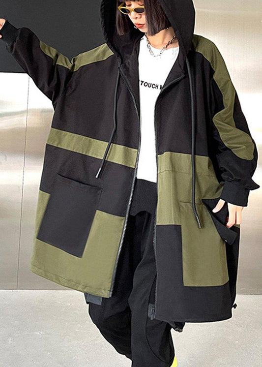 Black Pockets Cotton Zippered Spring Hoodie Coat