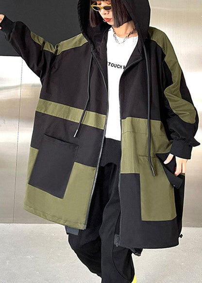 Black Pockets Cotton Zippered Spring Hoodie Coat