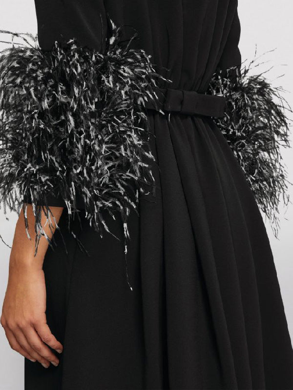 Simple Black and White Feather Long Sleeve Party Dress