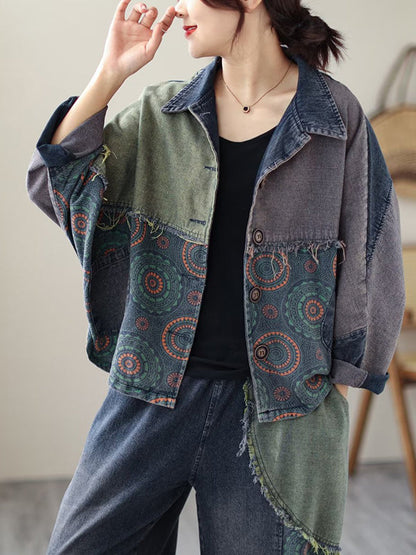 Contrast Color Fringed Split-joint Long Sleeves Printed Outwear + Harem Pants Two Pieces Set