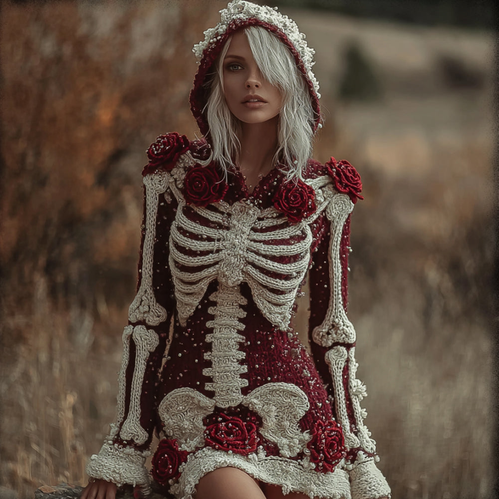 Halloween Skeleton And Crimson Rose Glitter Dress artswardrobe