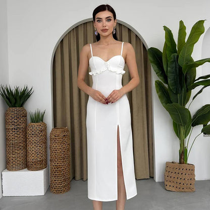 Summer ’s Dress Color Slit Camisole Skinny Ruffle Decoration Wedding Evening Party Outfit