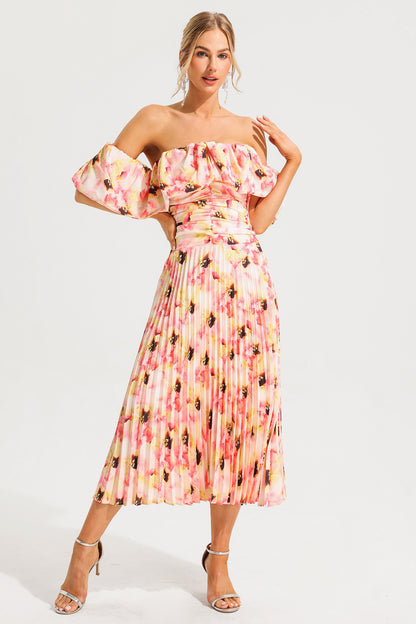 Off-shoulder Puff Sleeve Pleated Midi Dress Pink