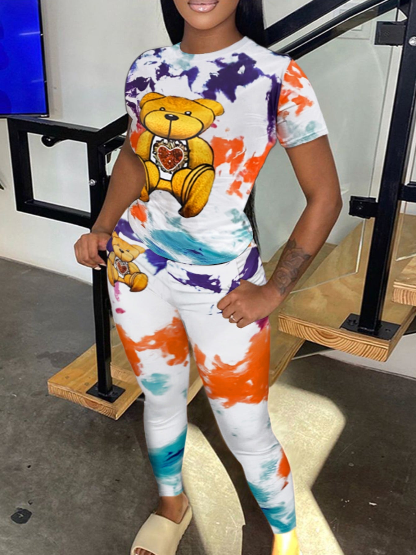 Teddy Bear Print Tie Dye Pants Set Spring Cartoon Short Sleeve Round Neck Two Piece Suit Daily Outfits Tracksuits