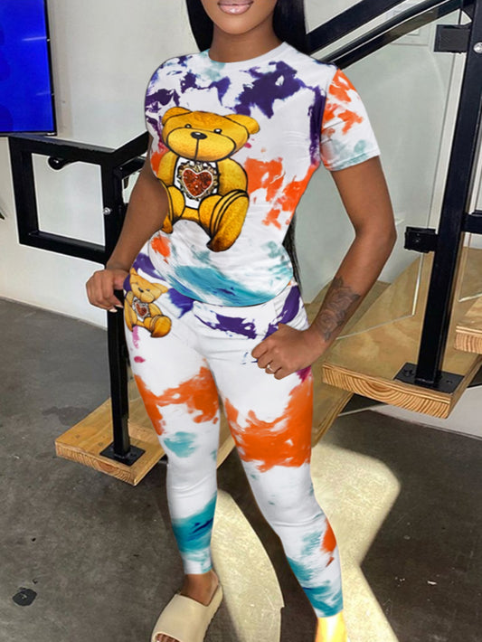 Teddy Bear Print Tie Dye Pants Set Spring Cartoon Short Sleeve Round Neck Two Piece Suit Daily Outfits Tracksuits