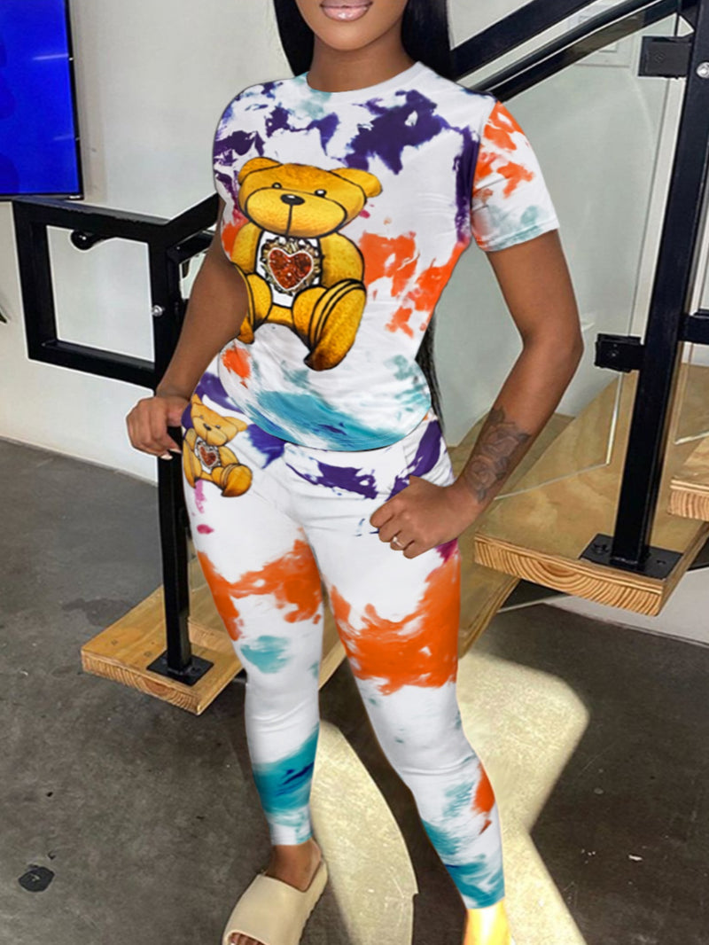 Teddy Bear Print Tie Dye Pants Set Spring Cartoon Short Sleeve Round Neck Two Piece Suit Daily Outfits Tracksuits
