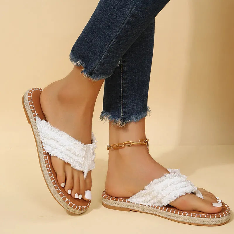 Canvas Flat Flip Flops, Soldi Color Open Toe Non Slip Slides Shoes, Outdoor Versatile Slippers Se1038