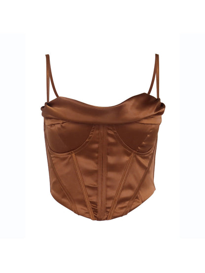 Pile Collar Satin Pleated Boning Corset Camisole Top