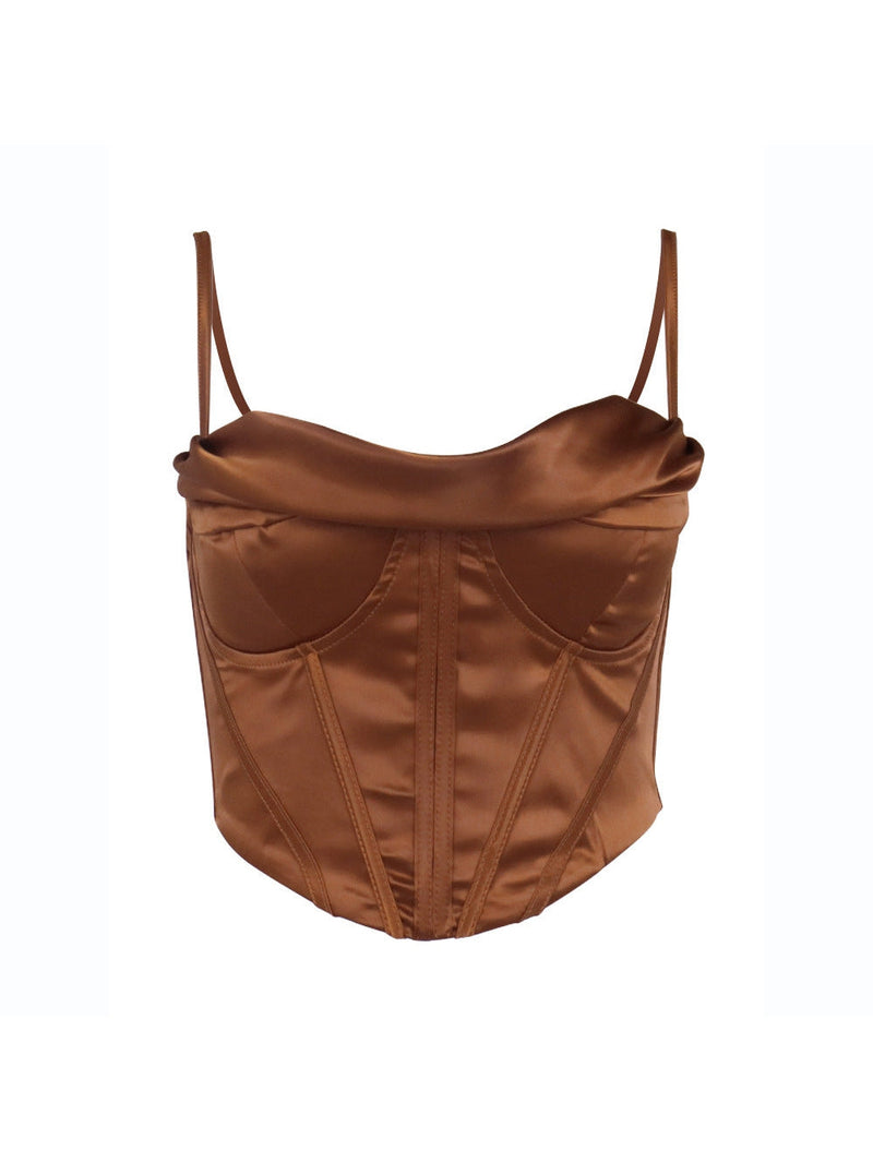 Pile Collar Satin Pleated Boning Corset Camisole Top