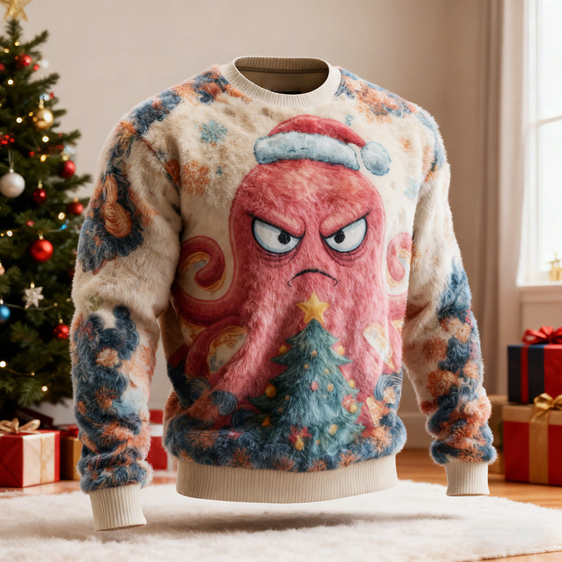 Comstylish Men's Funny Japanese Octopus Art Christmas Ugly Plush Sweatshirt