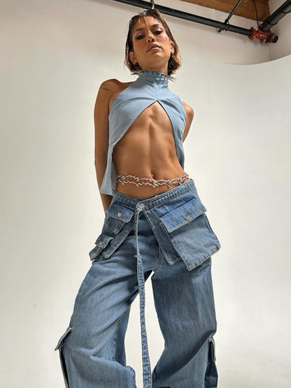Taruxy Bandage High Waisted Baggy Jeans Blue Pockets Lace Up Cargo Pants Woman Street Oversized Denim Pant Femme