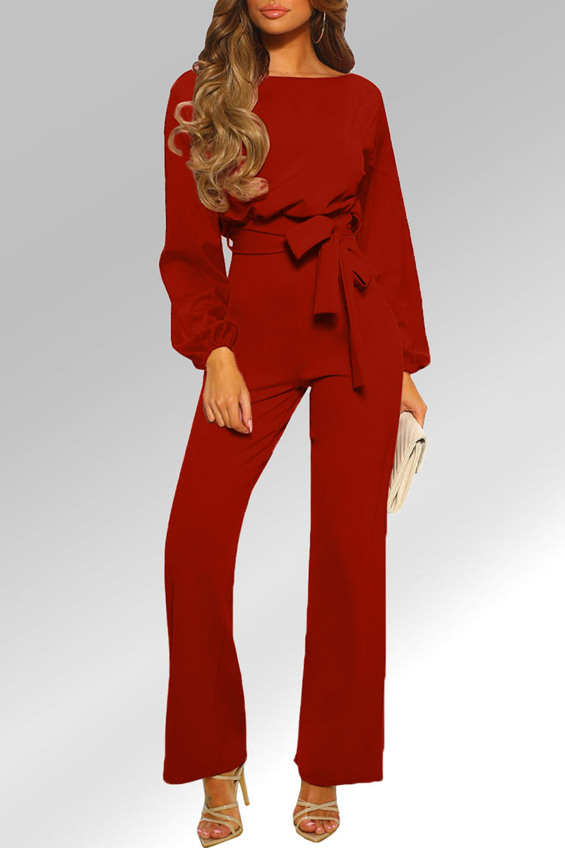 Spring Autumn Color Jumpsuit Pullover Long Sleeve Waist Wide Leg Pants