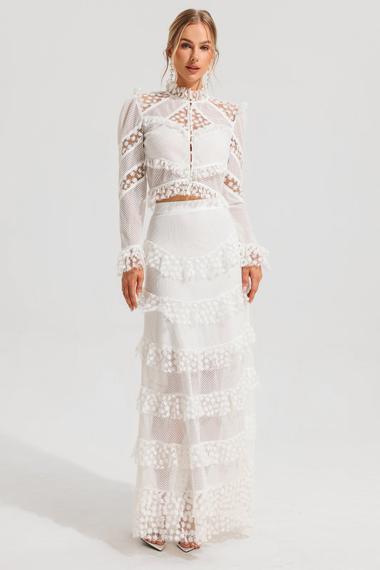 Embroidered Ball Sleeve Top ?embroidered Ruffle Mid Waist Maxi Skirt Set