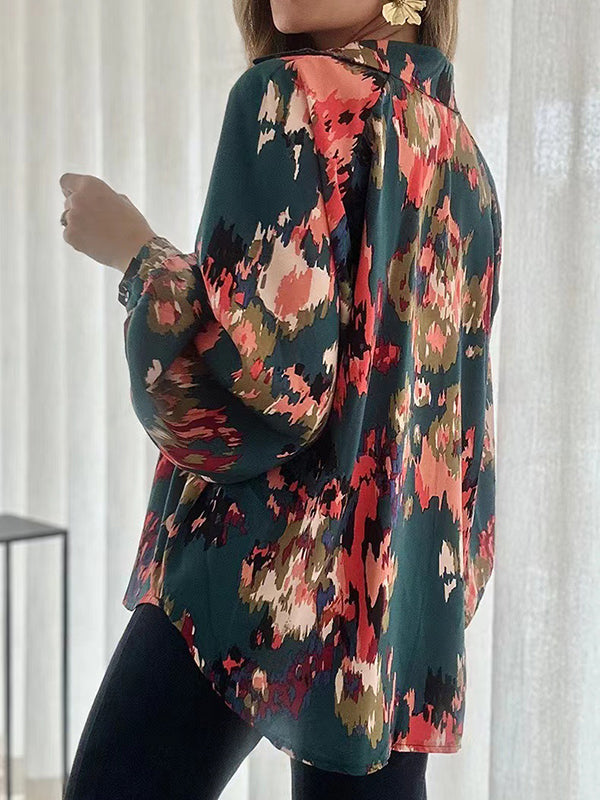 Long Sleeves Loose Printed V-neck Blouses&shirts Tops