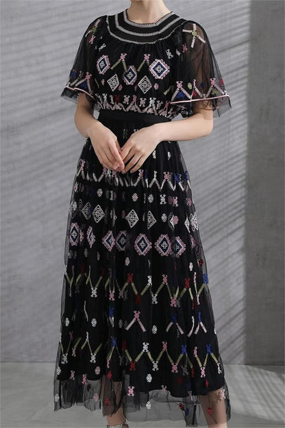 Mesh Embroidered Smocking Midi Dress