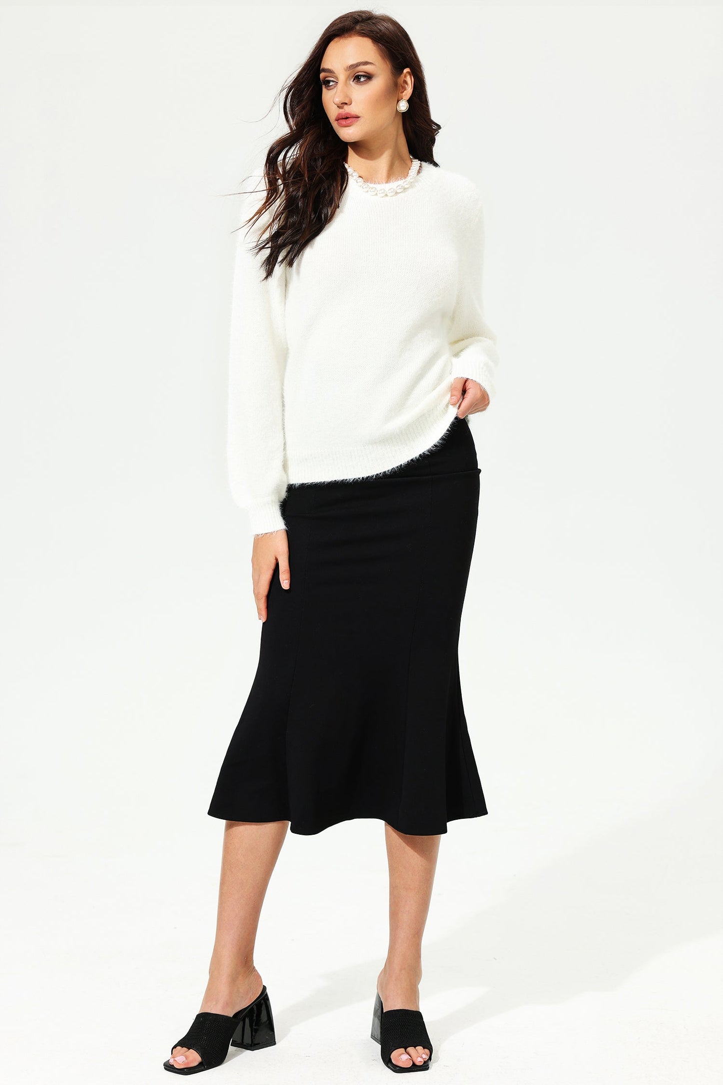 Long Sleeve Crew Collar Cut-out Lace Sweater White
