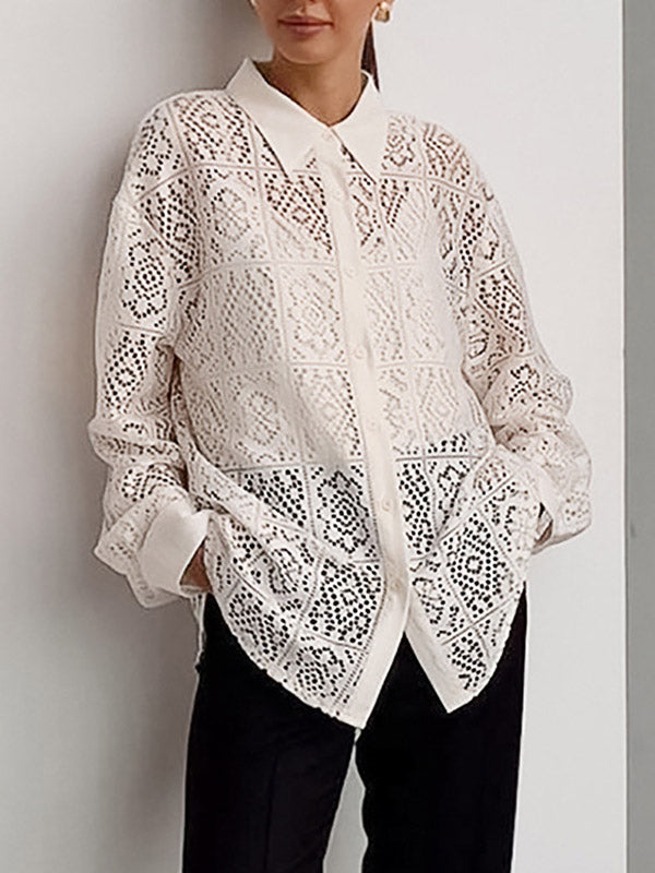 Long Sleeves Loose Buttoned Hollow See-through Color Sun Protection Lapel Collar Blouses&shirts Tops