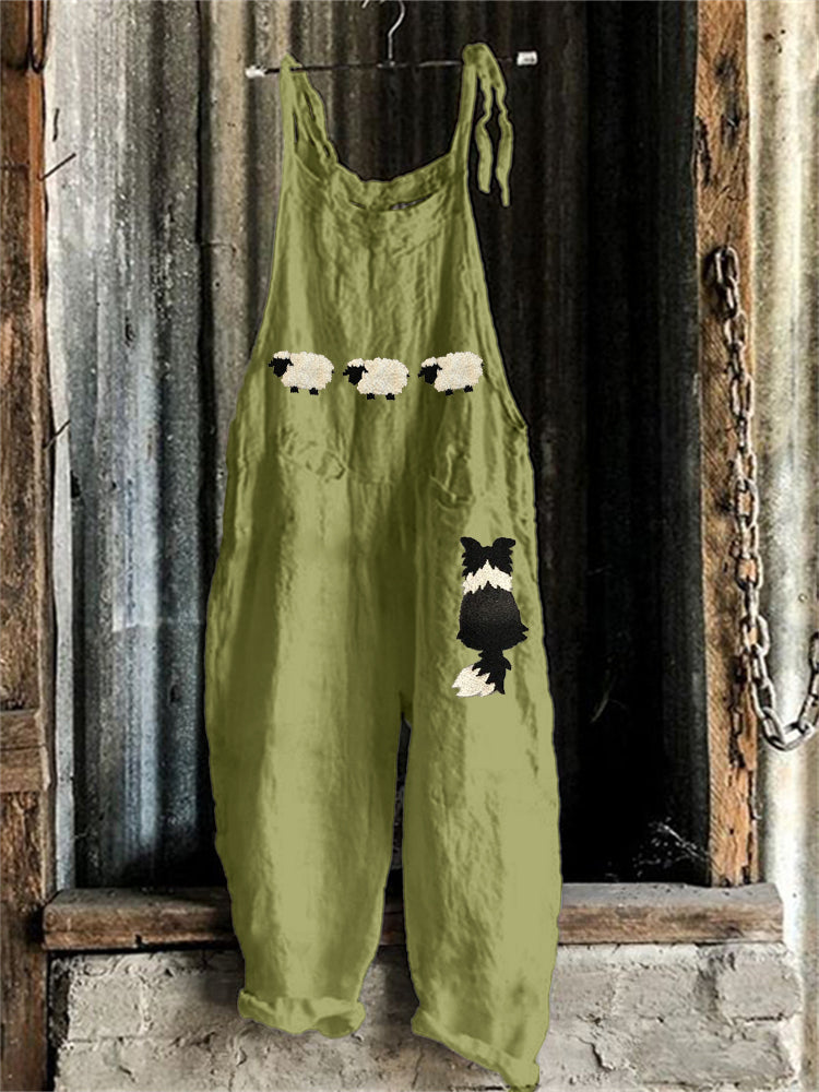 Comstylish Border Collie & Sheep Embroidered Linen Blend Jumpsuit